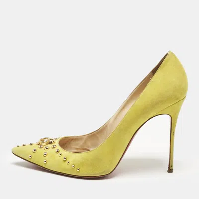Pre-owned Christian Louboutin Neon Yellow Suede Door Knock Studded Pointed Toe Pumps Size 41