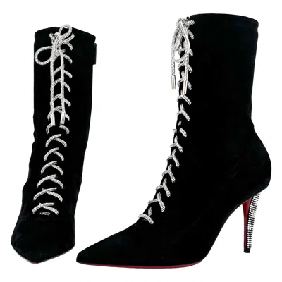 Pre-owned Christian Louboutin New  Astrid Lace Strass Booty 85 Embellished Boots 37 In Black