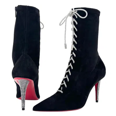 Pre-owned Christian Louboutin New  Astrid Lace Strass Booty 85 Embellished Boots 38 In Black