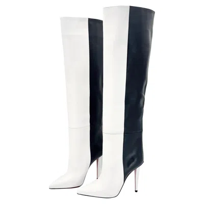 Pre-owned Christian Louboutin New  Astrilarge Botta 100 Black White Over The Knee Boots 37