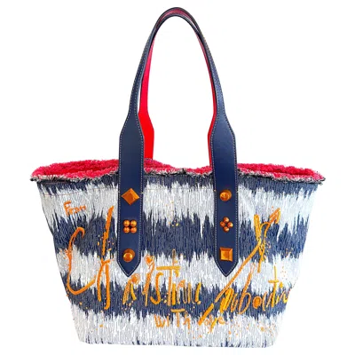 Pre-owned Christian Louboutin New  Blue Jean Denim + White Studded Large Shoulder Tote Bag