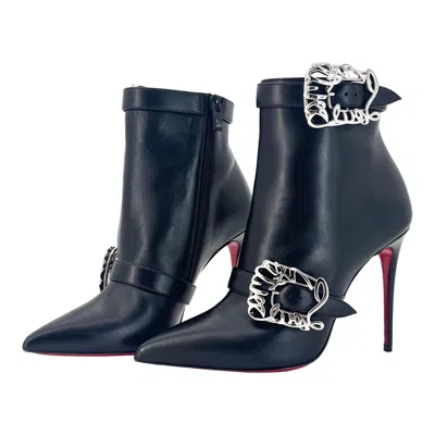 Pre-owned Christian Louboutin New  Giddylina Booty Black Logo Buckle Embellished Boots 37