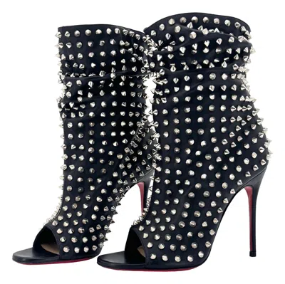 Pre-owned Christian Louboutin New  Guerilla 100 Silver Spike Leather Peep Toe Booty 37.5 In Black