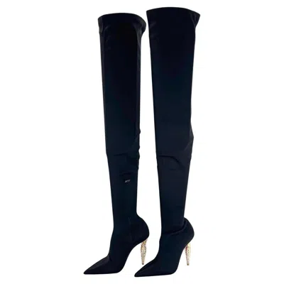Pre-owned Christian Louboutin New  Lipstrass Botta Alta Crystal Embellished Otk Boots 37.5 In Black