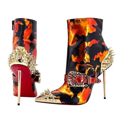 Pre-owned Christian Louboutin New  Womenphis 100 Spike Logo Buckle Stiletto Heeled Boots 40 In Brown