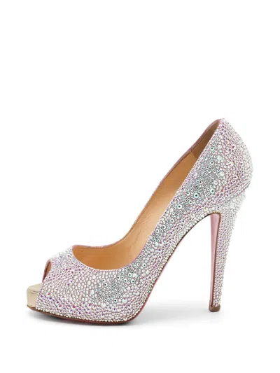 Pre-owned Christian Louboutin New Riche Crystal-embellished Open-toe Pumps In Pink