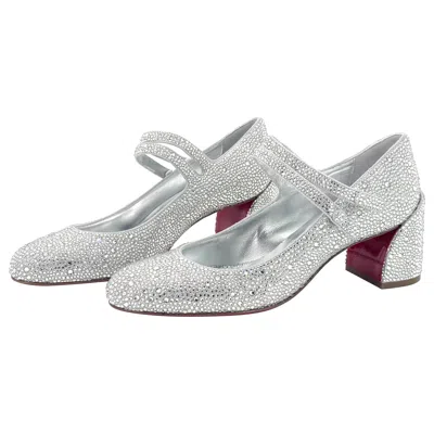 Pre-owned Christian Louboutin Nib  Miss Jane Strass 55 Block Heel Maryjane Pumps 37.5 In Gray