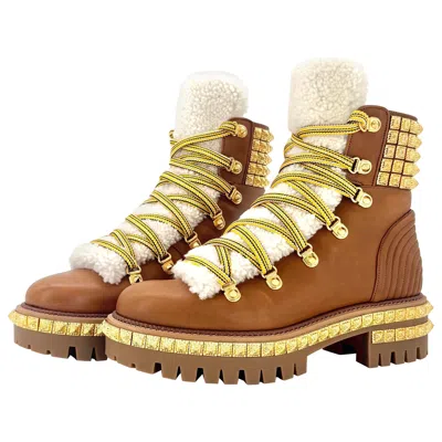 Pre-owned Christian Louboutin Nib  Yeti Donna Shearling Sheep Fur Studded Lug Boots 37 In Brown