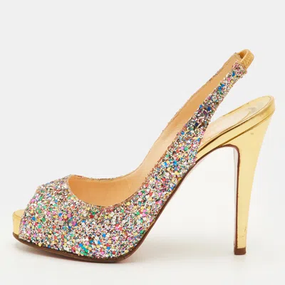 Pre-owned Christian Louboutin No Prive Size 36.5 Multicolor Glitter Platform Peep Toe Slingback Sandals