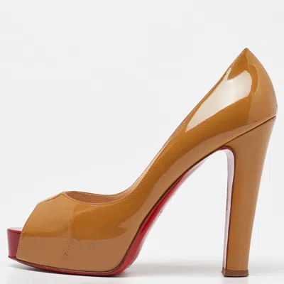 Pre-owned Christian Louboutin Nude Beige Patent Leather New Very Prive Peep Toe Platform Pumps Size 40.5