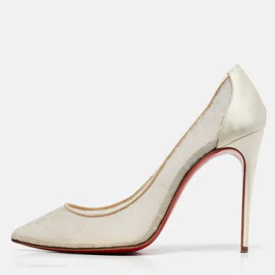 Pre-owned Christian Louboutin Off White Satin And Lace Follies Pumps Size 38.5