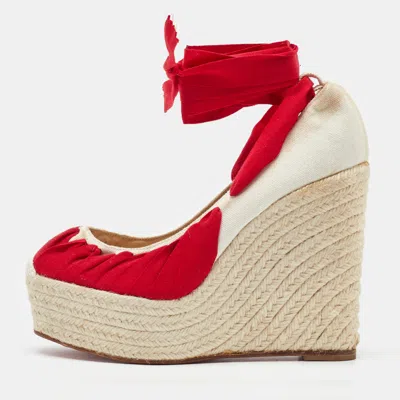 Pre-owned Christian Louboutin Off White/red Canvas Ibiza Espadrille Platform Wedge Pumps Size 38