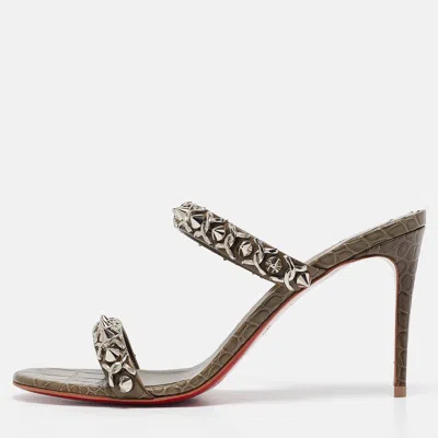 Pre-owned Christian Louboutin Olive Green Embossed Croc Just Chain Slide Sandals Size 39