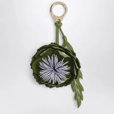 Christian Louboutin Olive Green/lilac Leather Key Ring With A Floral Design In Multicolor