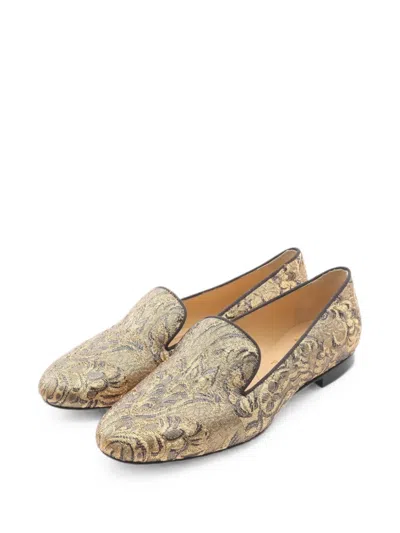 Pre-owned Christian Louboutin Opera Floral-jacquard Flat Shoes In Gold