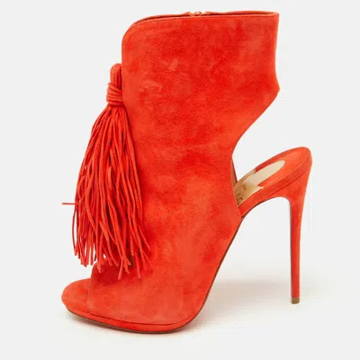 Pre-owned Christian Louboutin Orange Suede Otoka Open Toe Ankle Booties Size 37.5