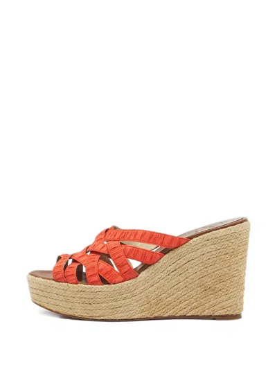 Pre-owned Christian Louboutin Orange Woven Wedge Sandals