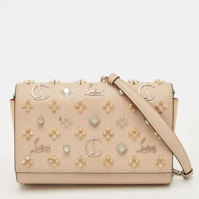 Pre-owned Christian Louboutin Paloma Embellished Leather And Patent Leather Chain Clutch In Sand