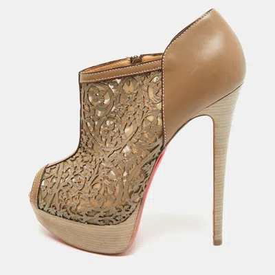 Pre-owned Christian Louboutin Pampas Size 38 Grey Laser Cut Leather Peep Toe Ankle Boots In Gray