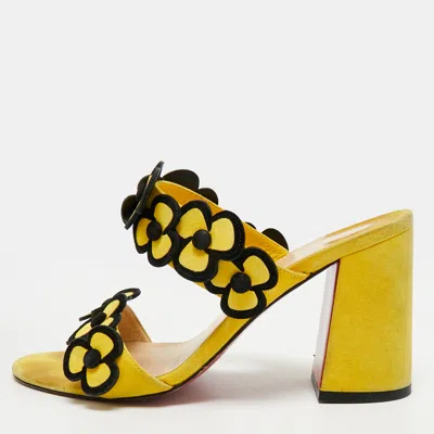 Pre-owned Christian Louboutin Pansy Size 38 Yellow/black Suede Block Heel Slide Sandals