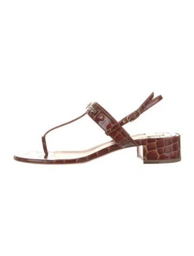 Pre-owned Christian Louboutin Patent Leather Chain-link Accents T-strap Sandals In Brown