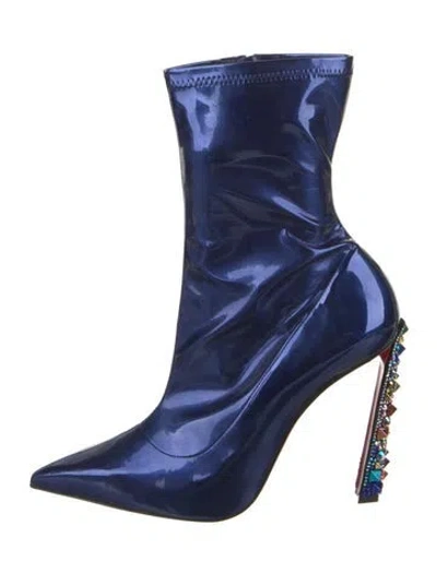 Pre-owned Christian Louboutin Patent Leather Crystal Embellishments Sock Boots In Blue
