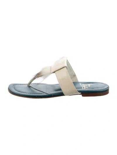 Pre-owned Christian Louboutin Patent Leather Feather Trim Flip Flops In Blue