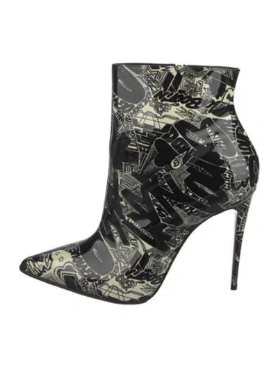 Pre-owned Christian Louboutin Patent Leather Graphic Print Boots In Black/white