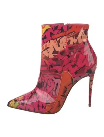 Pre-owned Christian Louboutin Patent Leather Graphic Print Boots In Orange/pink/red