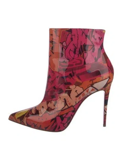 Pre-owned Christian Louboutin Patent Leather Graphic Print Boots In Red