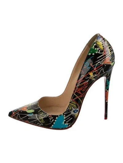 Pre-owned Christian Louboutin Patent Leather Graphic Print Pumps In Black