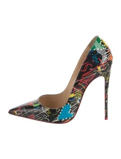 Pre-owned Christian Louboutin Patent Leather Graphic Print Pumps In Black