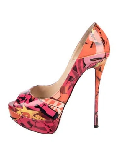 Pre-owned Christian Louboutin Patent Leather Graphic Print Pumps In Orange