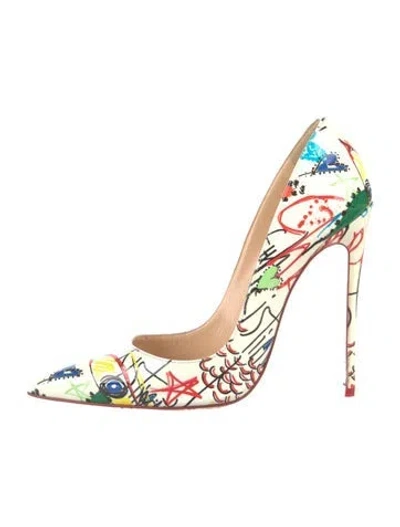 Pre-owned Christian Louboutin Patent Leather Graphic Print Pumps In White