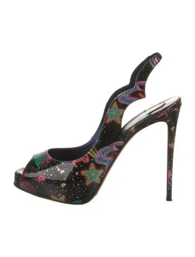 Pre-owned Christian Louboutin Patent Leather Graphic Print Slingback Pumps In Black