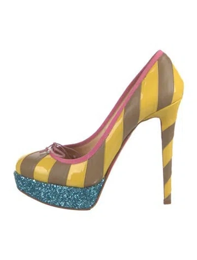 Pre-owned Christian Louboutin Patent Leather Striped Pumps In Yellow