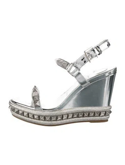 Pre-owned Christian Louboutin Patent Leather Studded Accents Espadrilles In Silver