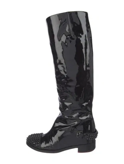 Pre-owned Christian Louboutin Patent Leather Studded Accents Riding Boots In Black