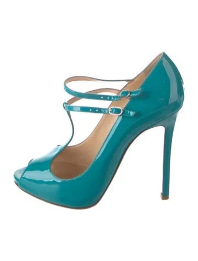 Pre-owned Christian Louboutin Patent Leather T-strap Pumps In Blue