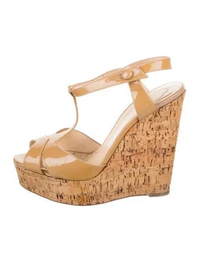 Pre-owned Christian Louboutin Patent Leather T-strap Pumps In Neutral