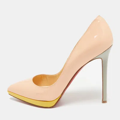 Pre-owned Christian Louboutin Peach Pink Patent Leather Pigalle Plato Pumps Size 38.5
