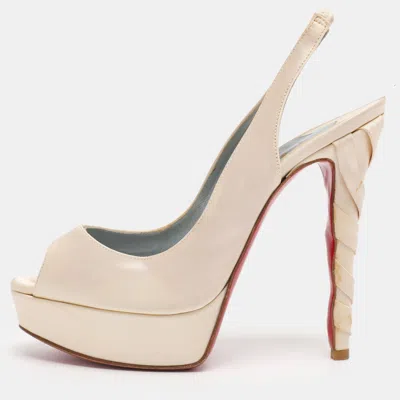 Pre-owned Christian Louboutin Pearl Satin Plisseta Slingback Platform Pumps Size 37 In White