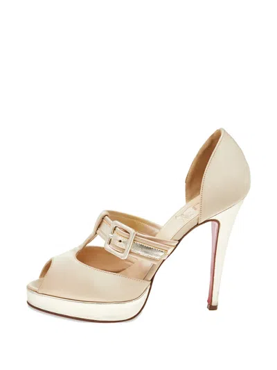 Pre-owned Christian Louboutin Peep-toe Buckled Pumps In Neutral