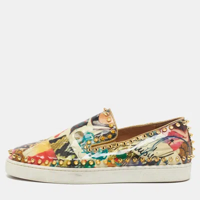 Pre-owned Christian Louboutin Pik Boat Size 39 Multicolor Artistic Print And Signature Patent Leather Slip On Sneakers