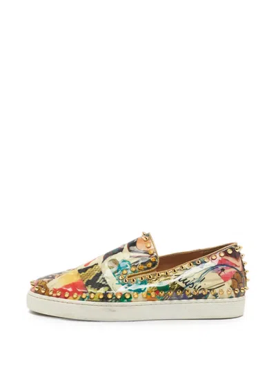 Pre-owned Christian Louboutin Pik Boat Studded Patent Leather Sneakers In Neutral