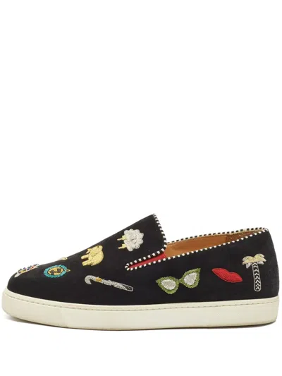 Pre-owned Christian Louboutin Pik N Luck Embellished Suede Slip-on Sneakers In Black