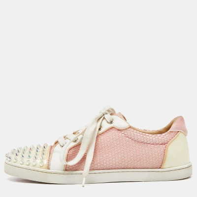 Pre-owned Christian Louboutin Pink Mesh And Patent Leather Spiked Louis Junior Trainers Size 39.5