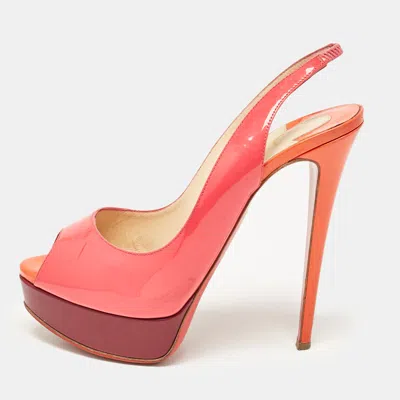 Pre-owned Christian Louboutin Pink Patent Leather Lady Peep Toe Slingback Platform Pumps Size 38.5