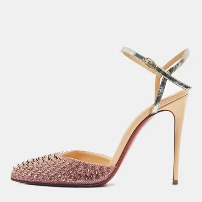 Pre-owned Christian Louboutin Pink/beige Lurex Fabric And Leather Baila Spike Ankle Strap Pumps Size 36.5