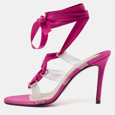 Pre-owned Christian Louboutin Pink/transparent Satin And Pvc Ankle Wrap Sandals Size 38.5